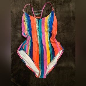 URBAN SEA Womens Painted Stripes Lattice One Piece Swimsuit, XL